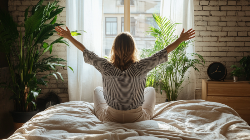 A Woman Sitting on A Bed Stretching Her Arms Toward a Sunlit Window in A Cozy Bedroom with Plants