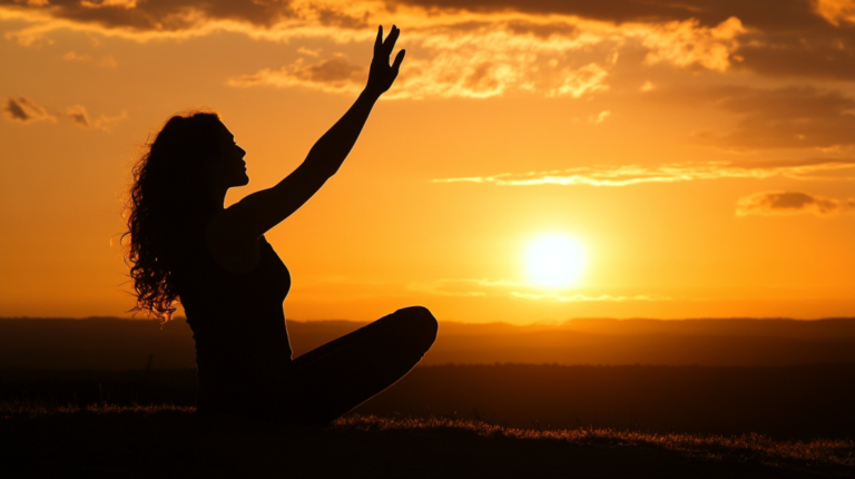 A Woman Practicing Yoga at Sunset, Raising Her Hand to The Sky, While Focusing on Building Unshakable Confidence