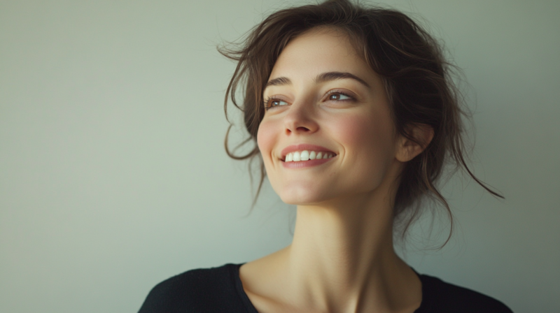 A Woman Smiles Confidently While Looking Upwards Against a Neutral Background