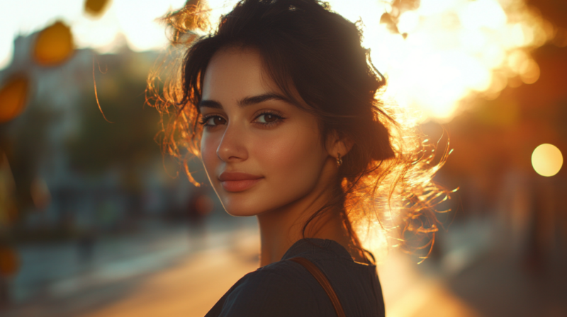 A Woman Stands Confidently in The Sunlight, Looking at The Camera